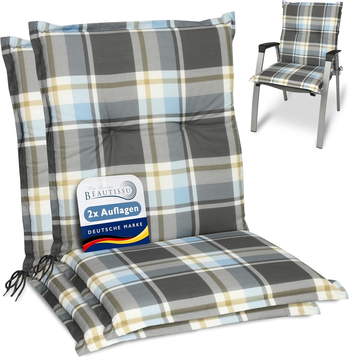 Beautissu Sunny BK – Set van 2 Tuinkussens Lage Rug 100x50 cm met UV-lichtechtheid Comfortabele Tuinstoel Zitkussen Blauw geruit