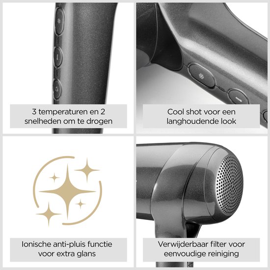 Details van een BaByliss föhn: knoppen, cool shot, ionische functie en filter.