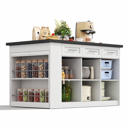 Îlot de cuisine Merax 150 cm - Îlot central avec table à manger extensible - Meuble de cuisine avec plan de travail Look marbre - Rangements - Wit