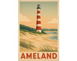 Ameland Poster - Steden Posters - Nederland - Tekst - Bornrif - Vuurtoren - Wanddecoratie Woonkamer - 180 gram papier - S6694WV - Formaat 50 x 70cm