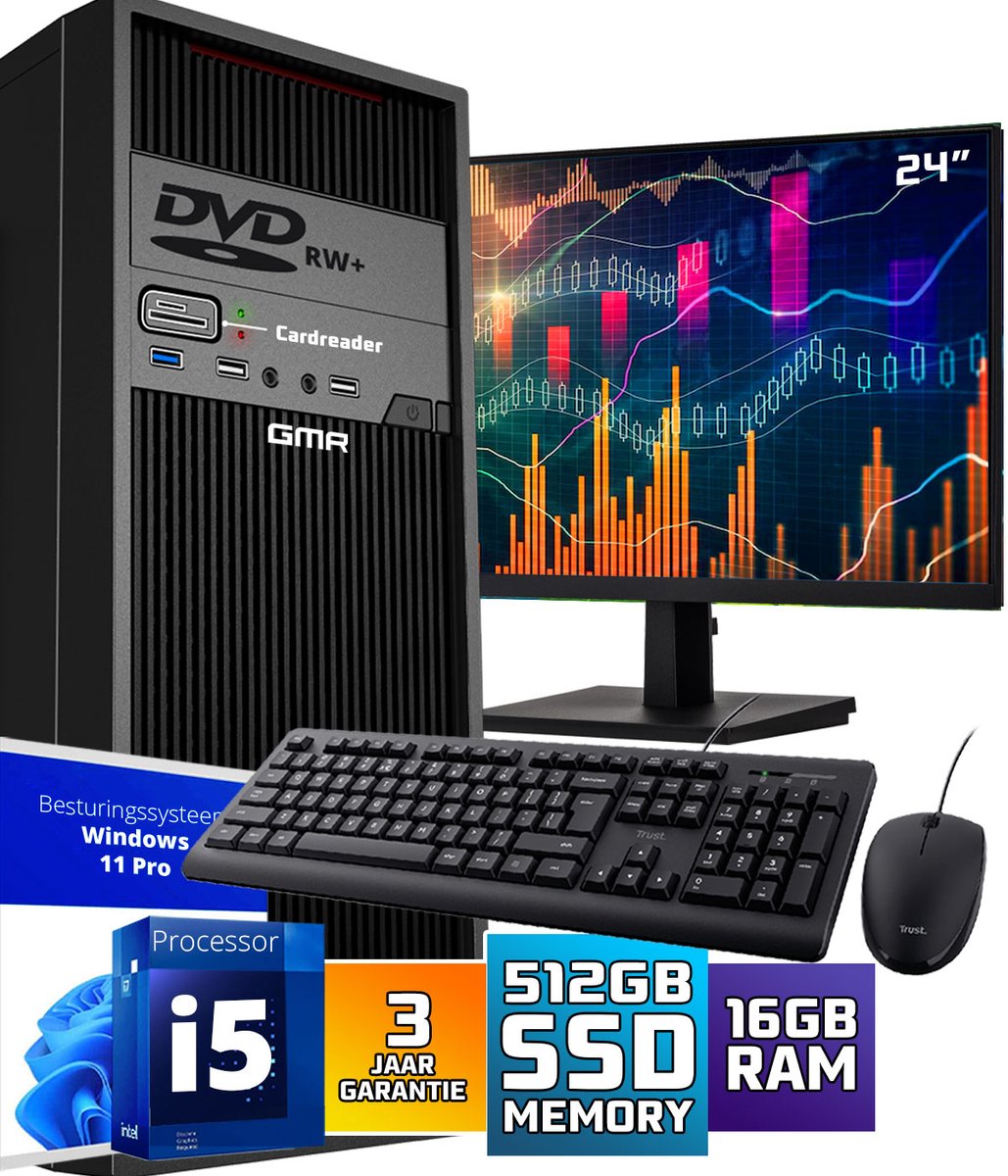 Intel Compleet PC SET | Intel Core i5 | 16 GB RAM | 500 GB SSD | Windows 11 Pro | Inclusief 24" Monitor Muis & Toetsenbord