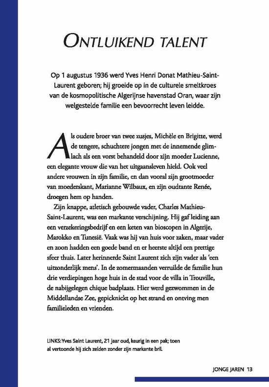 Cover van "Ontluikend Talent", een biografie van Yves Saint Laurent, met tekst.