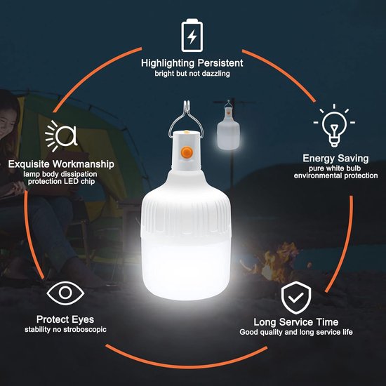 kampeerlantaarn - Stroomuitval noodverlichting - 2 stuks - Bulb USB lantaarn - 360 graden verlichting - Aanraakschakelaar - 3 modi - 20w - Geen aansluiting nodig - Noodgeval door stroomuitval - Huis en Buiten - Oplaadweergavevermogen van Filosilent — afbeelding 3