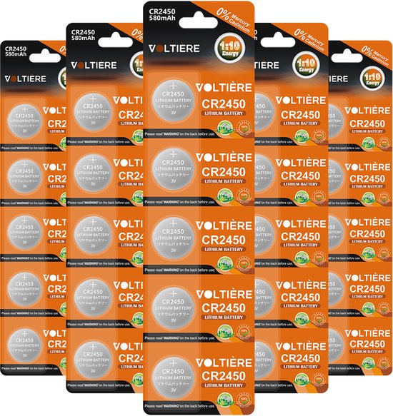 Meerdere verpakkingen van VOLTIERE CR2450 lithium knoopcelbatterijen, 3V, 580mAh, 0% kwik & cadmium.