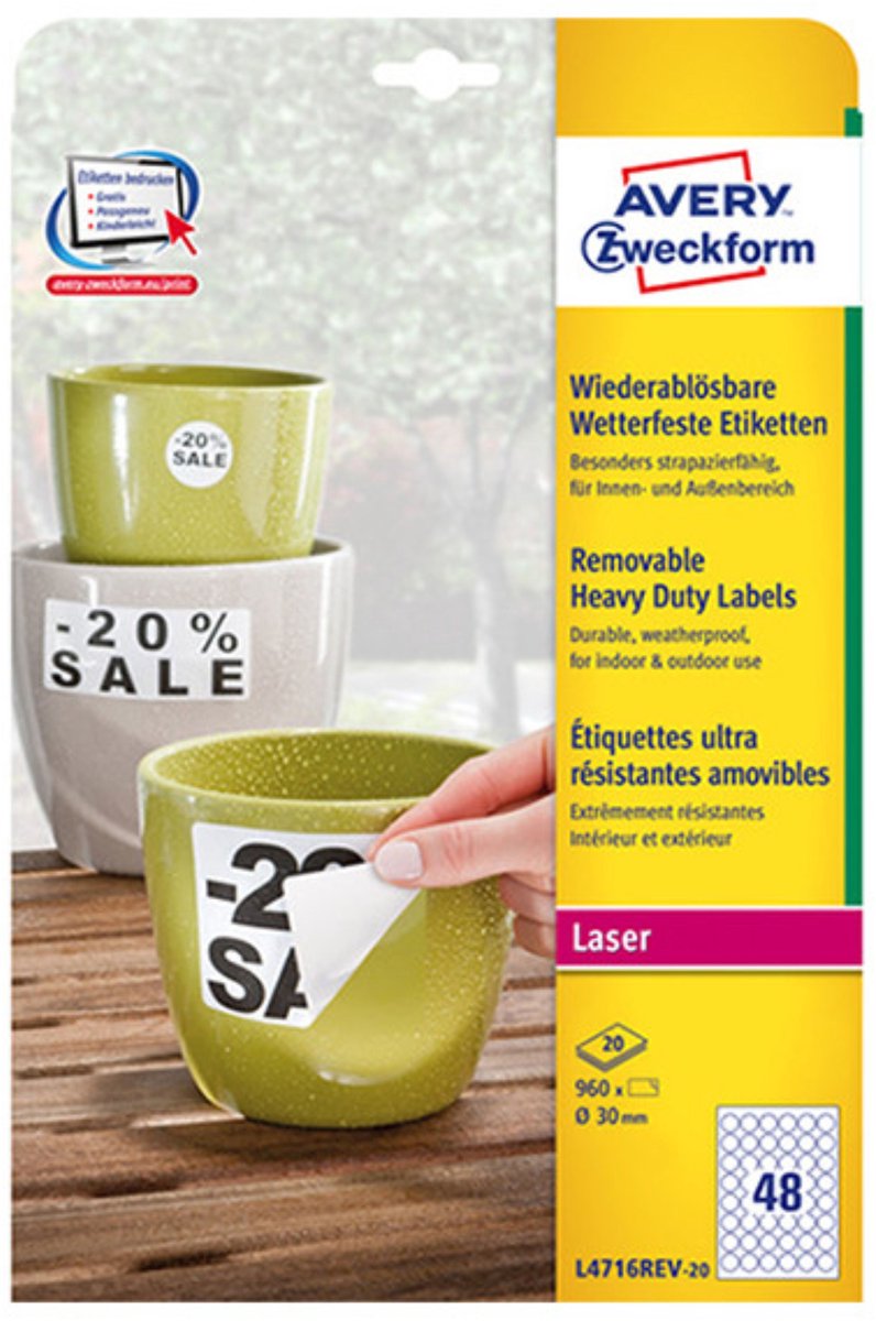 Avery afneembare weerbestendige etiketten diameter 30 mm wit doos van 960 etiketten