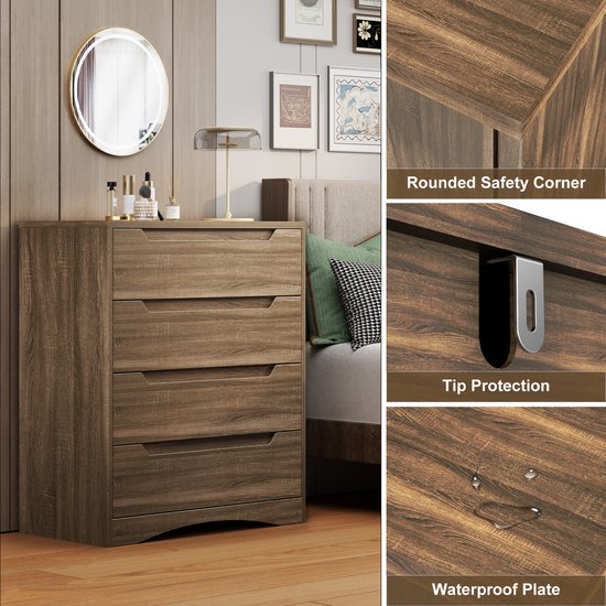 Commode marron à 4 tiroirs avec poignées découpées, à côté d'un miroir et d'un lit. Détails sur le coin arrondi et la protection anti-basculement.