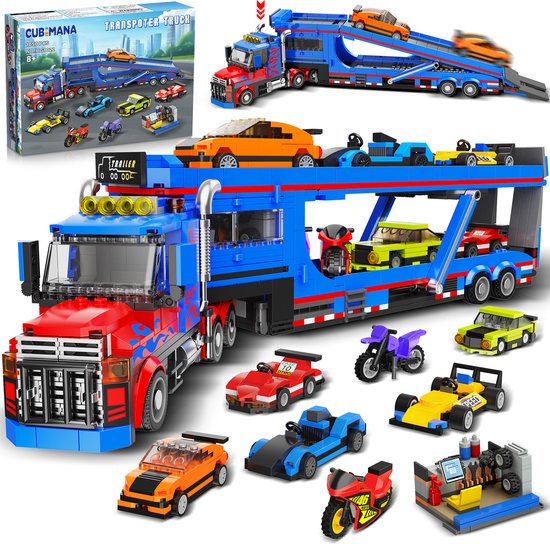 CUBIMANA City Transporter Vrachtwagen Bouwpakket - met 7 Auto's en Verstelbare Laadklep Sleepwagen Bouwstenen - Drager Aanhanger Bouw speelgoed voor Kinderen 8-14 jaar