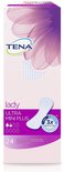 TENA Lady Ultra Mini Plus verpakking met paarse bloem, inlegkruisje en '3x Protection Odour Control'.