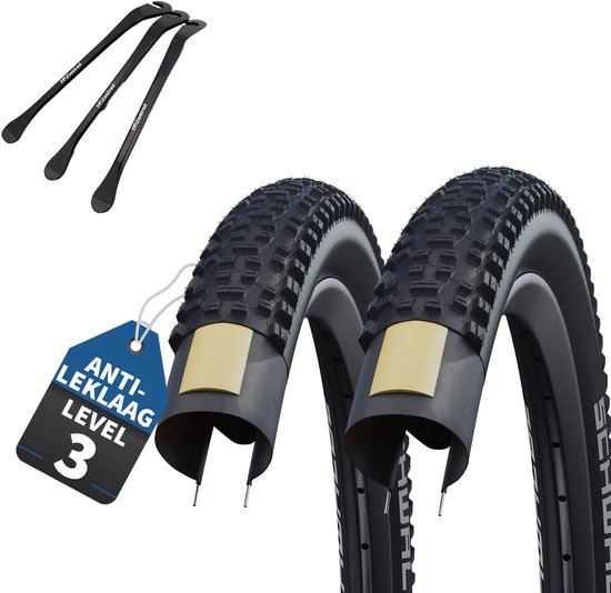 2-delige Set Schwalbe Fietsbanden Rapid Rob van 26 inch x 2,25 (57-559) buitenband + en 3 metalen MSZweirad bandenlichters voor eenvoudige wisseling van banden