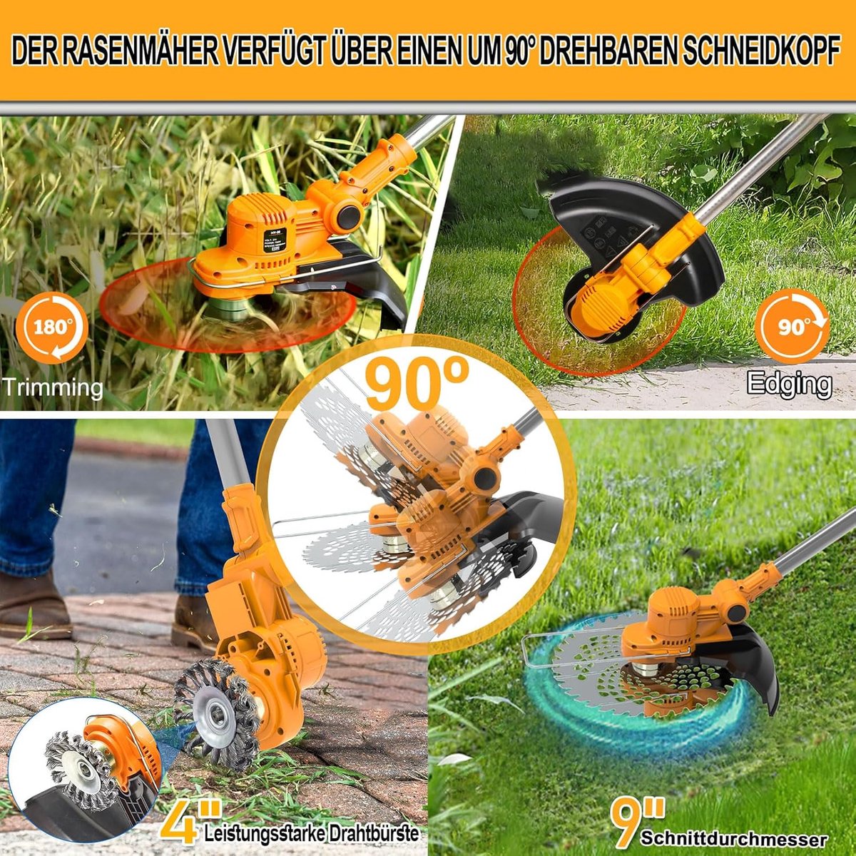 Traumheim Accu Grasmaaier - Elektrische Grastrimmer met 2x 4.0Ah Accu & Lader - Onkruidwieder voor Tuinonderhoud - Inclusief Onkruidborstel & Voegenborstel - 750W Accu Grasmaaier - Oranje – foto 6