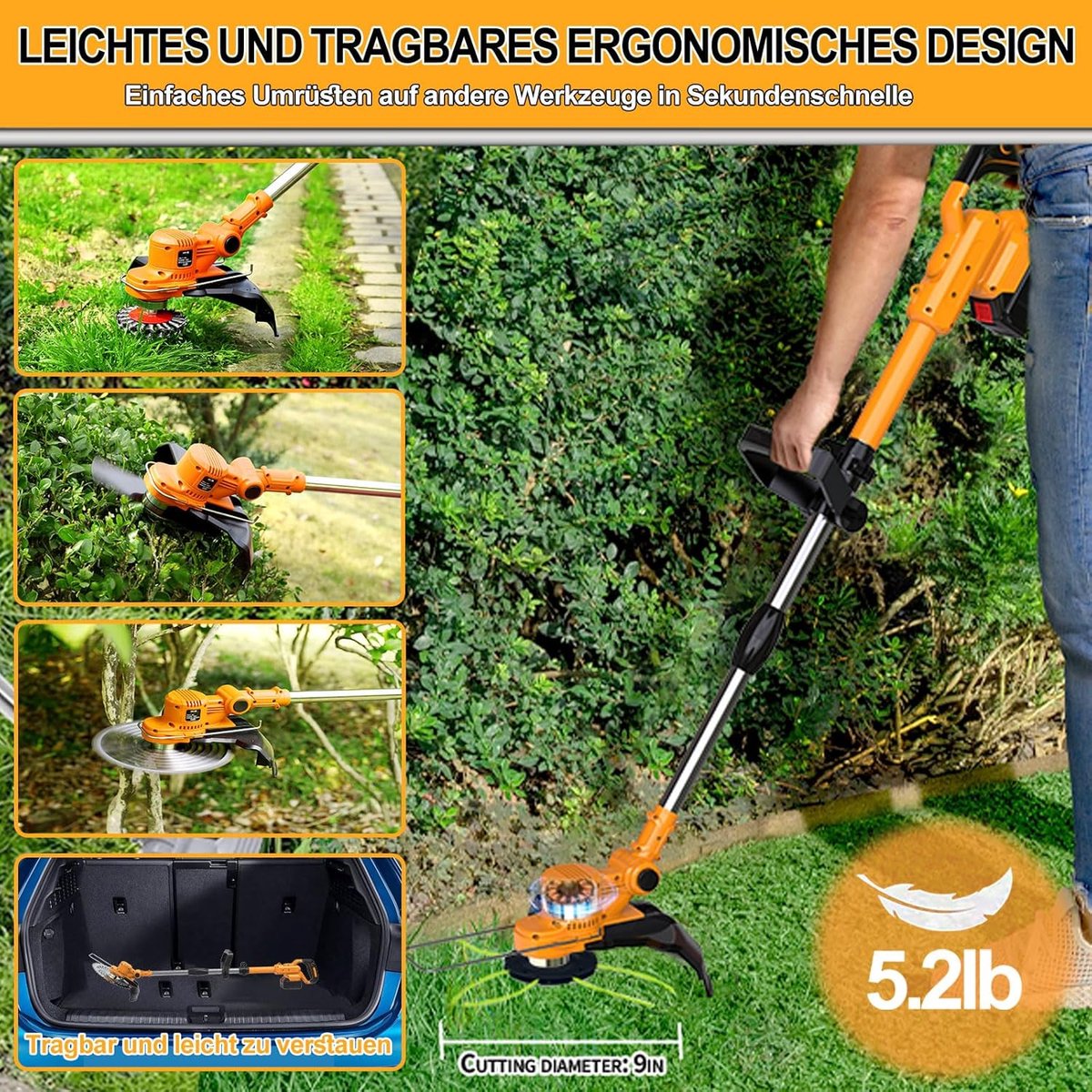 Traumheim Accu Grasmaaier - Elektrische Grastrimmer met 2x 4.0Ah Accu & Lader - Onkruidwieder voor Tuinonderhoud - Inclusief Onkruidborstel & Voegenborstel - 750W Accu Grasmaaier - Oranje – foto 3