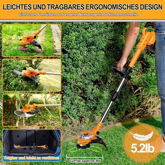 Traumheim Accu Grasmaaier - Elektrische Grastrimmer met 2x 4.0Ah Accu & Lader - Onkruidwieder voor Tuinonderhoud - Inclusief Onkruidborstel & Voegenborstel - 750W Accu Grasmaaier - Oranje van Traumheim — afbeelding 3