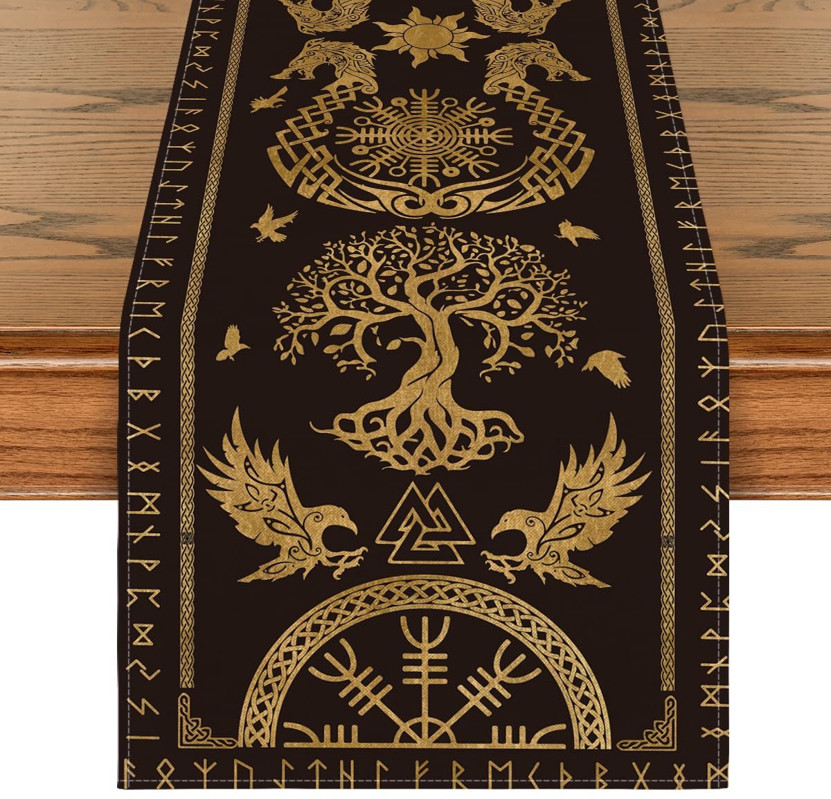 Tafelloper - Viking design met Levensboom, Raaf en Helm van Awe - Tafeldecoratie voor binnen - Goud - 40x100 cm