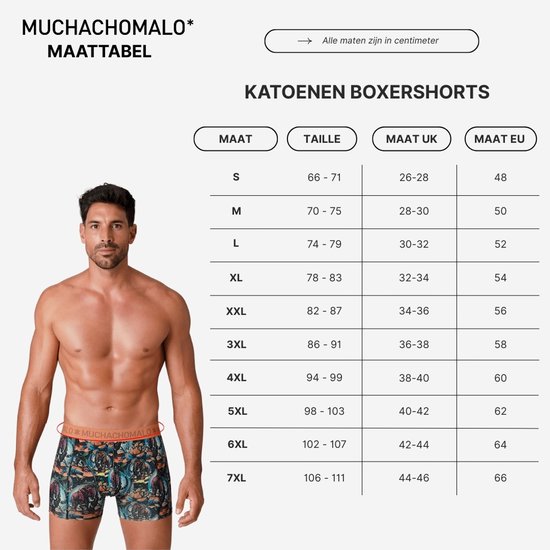 Maattabel voor Muchachomalo katoenen boxershorts met een model in een veelkleurige print boxershort.