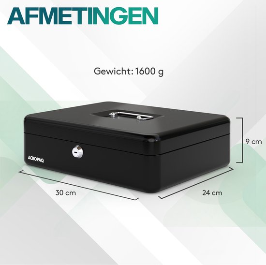 Zwarte geldkist met afmetingen: 30 cm breed, 24 cm diep, 9 cm hoog. Gewicht: 1600 g. Tekst: AFMETINGEN.