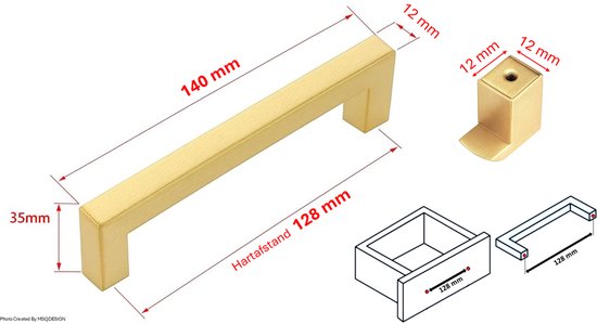 MSQDESIGN Handgreep RVS Goud - Boormaat 128mm - Gouden Handgreep voor Keuken & Kast - Moderne Meubelgreep - Keukengreep Mat Goud -Kastgrepen- Goude Greepjes Keuken - Goude RVS Handvatten - Deurgreepjes -incl schroeven