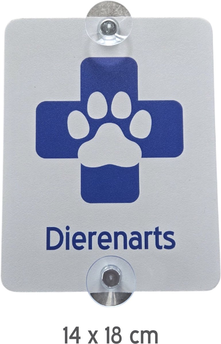 Autobord | "Dierenarts" | 14 x 18 cm | + 2 zuignappen | Tijdelijk label autoraam | Autoruit | Dieren | Veterinair | Veearts | Medische assistentie | Tijdelijk parkeren | Eerste hulp | Diergeneeskundige | 1 stuk