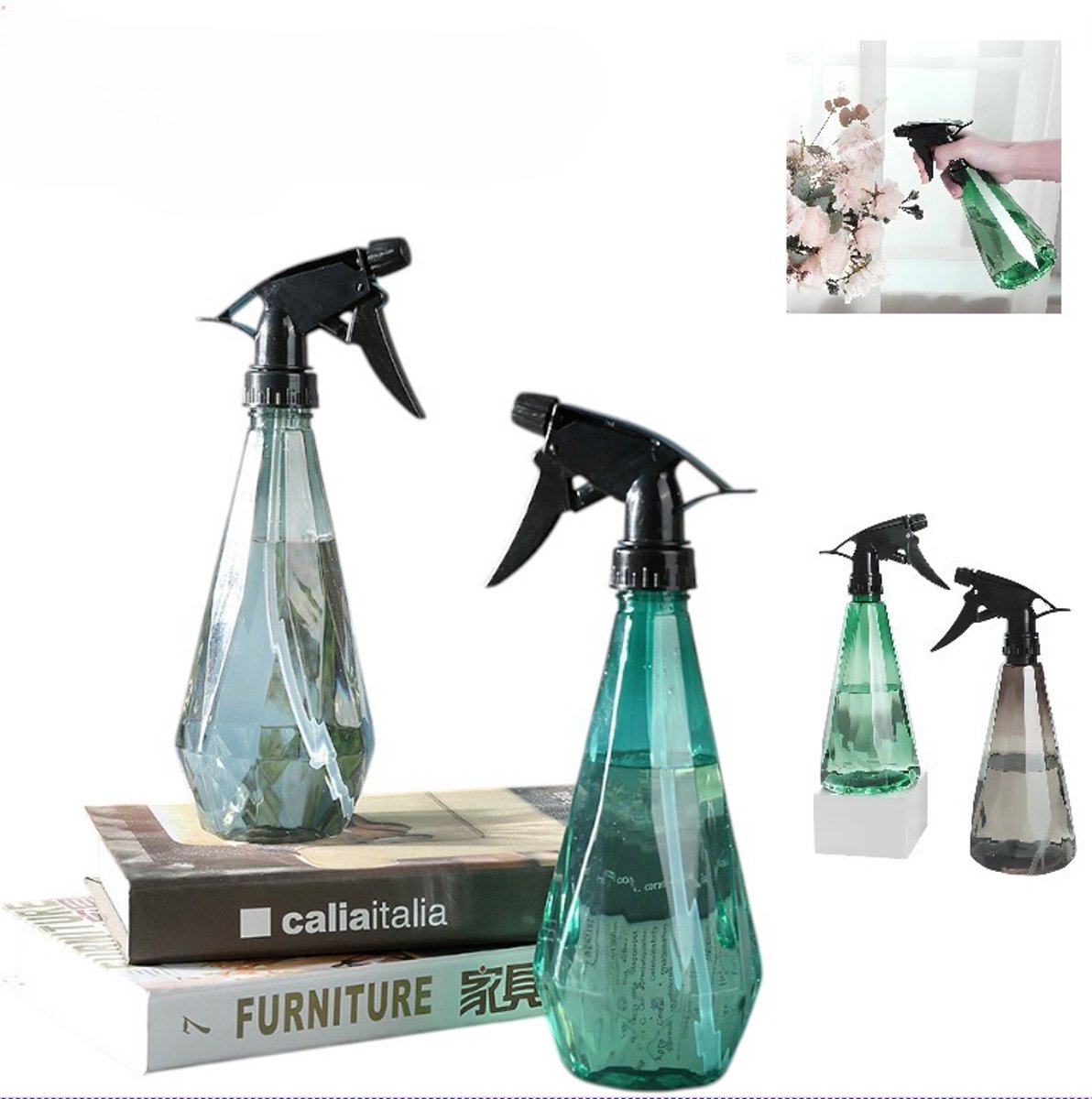 2 stuks- Hogedruk continue gieter - PET-kunststof verstelbare sproeikop - Bloemenbewatering en desinfectie-spuitbus - Reinigingsspuitfles - Grijs + donkergroen - Geschikt voor schoonmaken, huis, tuin, planten en haarverzorging