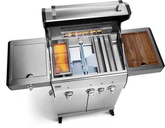 Roestvrijstalen gasbarbecue met open deuren, snijplank en zijbrander.
