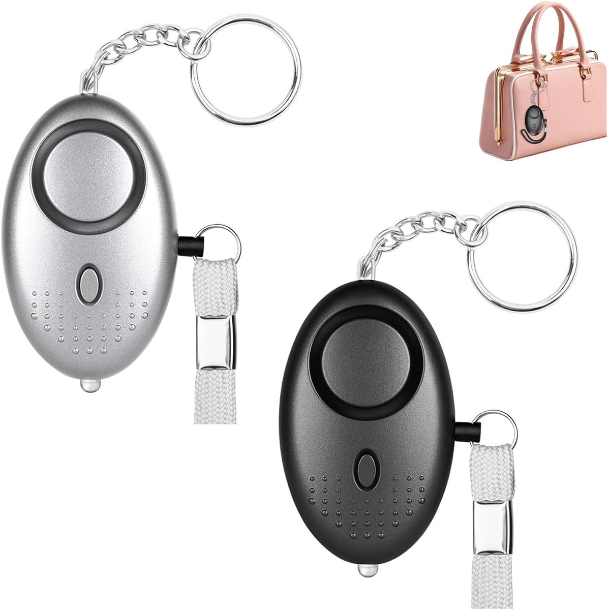 4 Stuks - 140 dB - Persoonlijke Alarm - Met LED Zaklamp En Sleutelhanger - Persoonlijk Zakalarm - Pepperspray - Paniekalarm - Anti Wolf Fluitje - Sleutelhanger - Voor Vrouwen, Meisjes En Ouderen - Verjagen/Afschrikken/Zelfverdediging - Zwart & Zilver