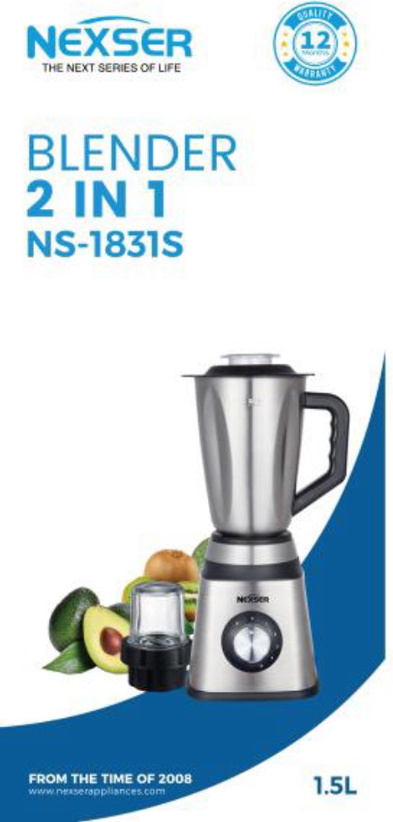 Nexser 1.5L Blender – 600W Smoothie Maker met 6 Blades – Elektrische Keuken Blender voor Shakes, Sap, Milkshakes en IJsklontjes – 5 Snelheden