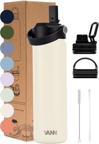 VANN® 3-Wandige RVS Drinkfles 650 ML met rietje voor volwassenen – Met 5 accessoires – Thermosfles – 24 uur koud/12 uur warm – Ivory– Cadeau voor man en vrouw – VANN ULTIMATE BOTTLE®