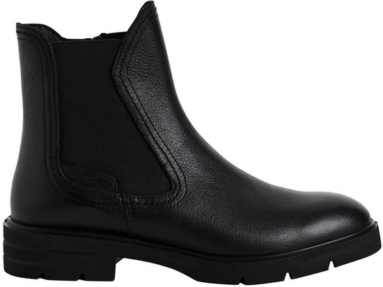 Zwarte leren Tamaris enkellaars met elastische inzet en subtiel merklogo.
