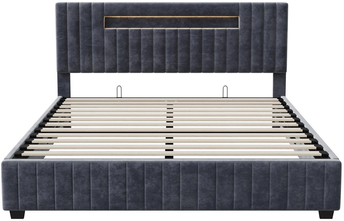 ROSAHQNDA Paco Goederen® - Tweepersoonsbed met Gestoffeerd Hoofdbord - LED-verlichting - 140x200 opbergbed met onderstel - grijs fluwelen bed met lattenbodem - Modern & Stevig