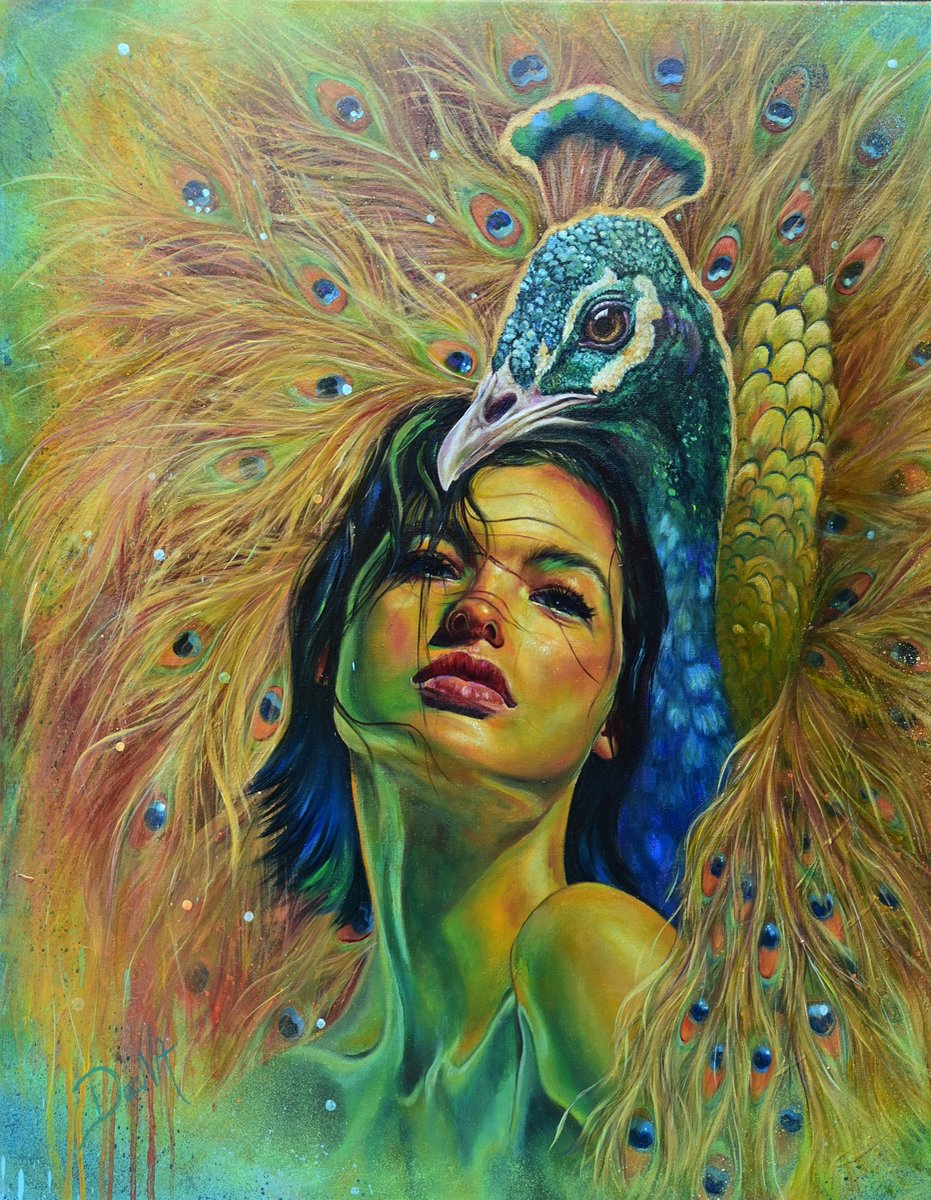 Canvas Schilderij - Vrouwenportret met Pauw - Spirituele dierenkunst & Symboliek - 80 x 100 cm. - myDeaNA