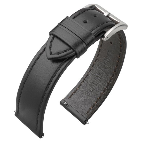 Bracelet de montre noir en cuir de veau avec boucle argentée