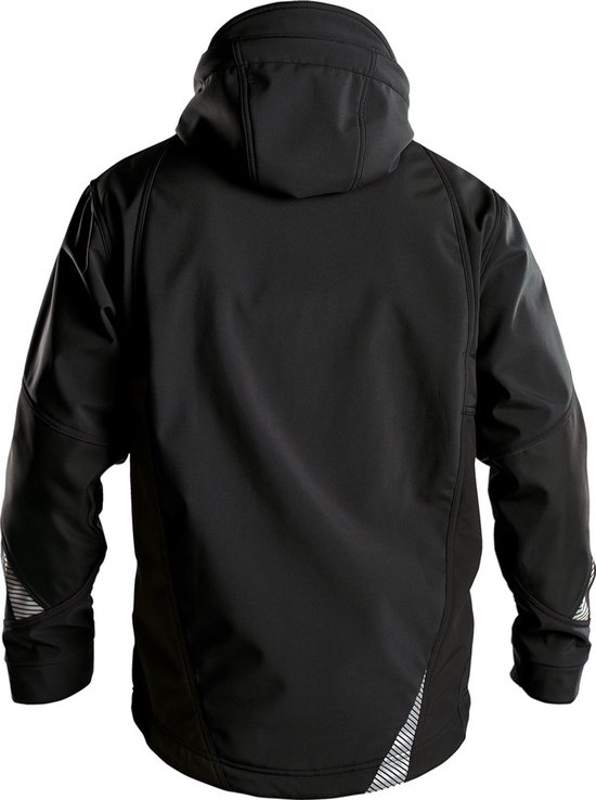 Achterkant van een zwarte DASSY softshell werkjas met capuchon en reflecterende details.