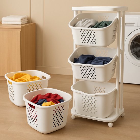 Witte wasmand met drie geperforeerde bakken op wieltjes, met kleding in de bakken en twee extra bakken ernaast.
