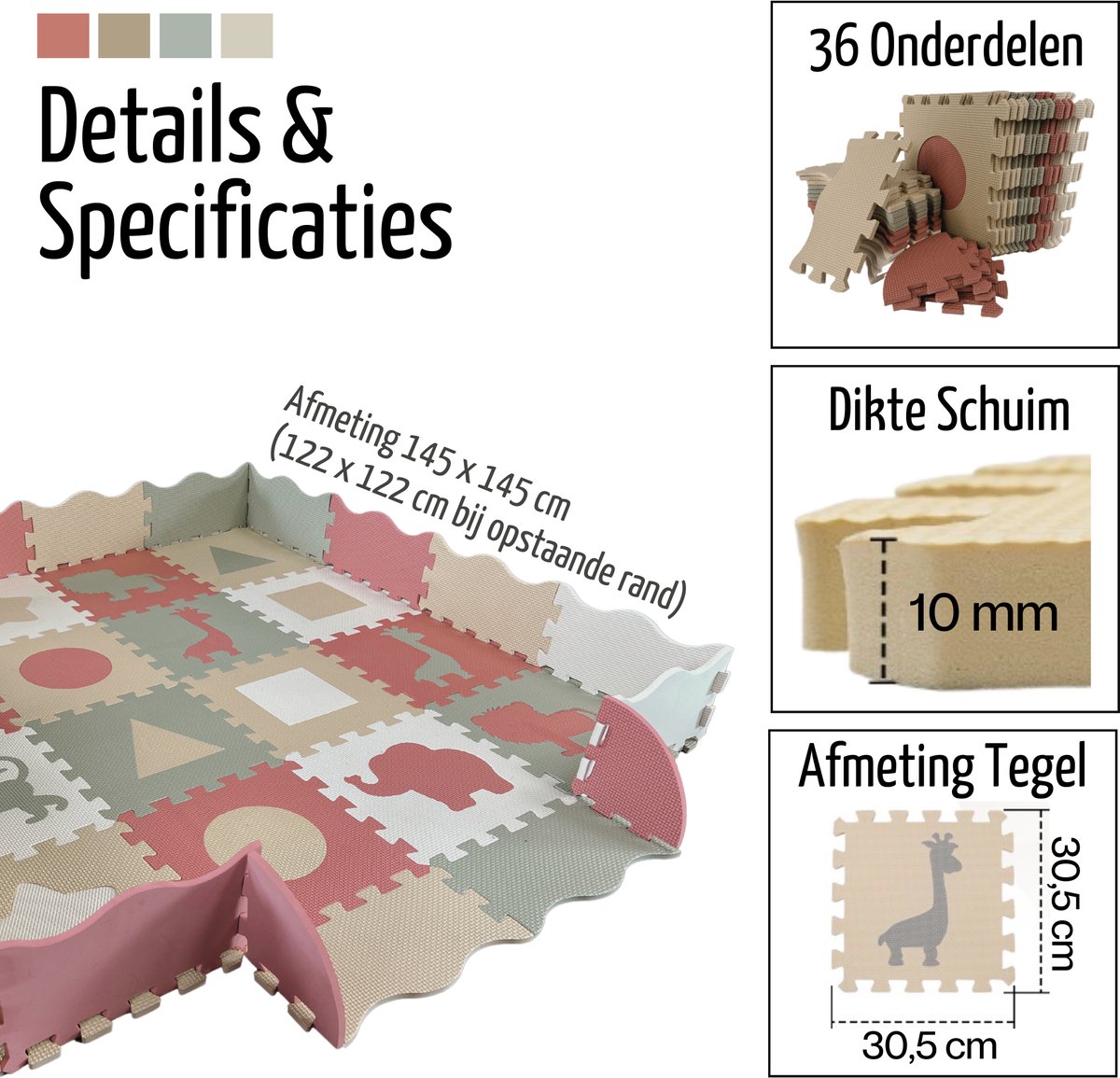 Roosly Speelmat Baby - Speelkleed Baby - babygym - kruipmat - playmat - Foam vloerpuzzel 145 x 145 cm - Opstaande Rand - Inclusief Opbergtas - speelgoed - Veilig & Zacht - Pastel — afbeelding 9