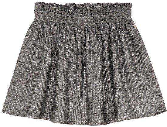 Zilverkleurige, glimmende rok met plooien en een elastische tailleband.