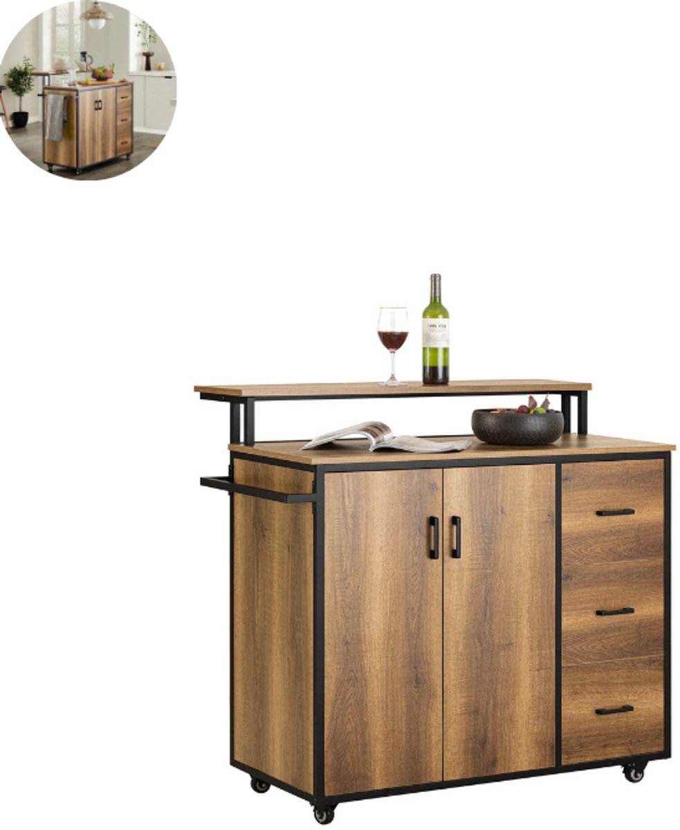 Keukeneiland - Verplaatsbaar - Keukenkast - Dressoir - Organizer - Kasten - Houten Werkblad - Lade - Bruin