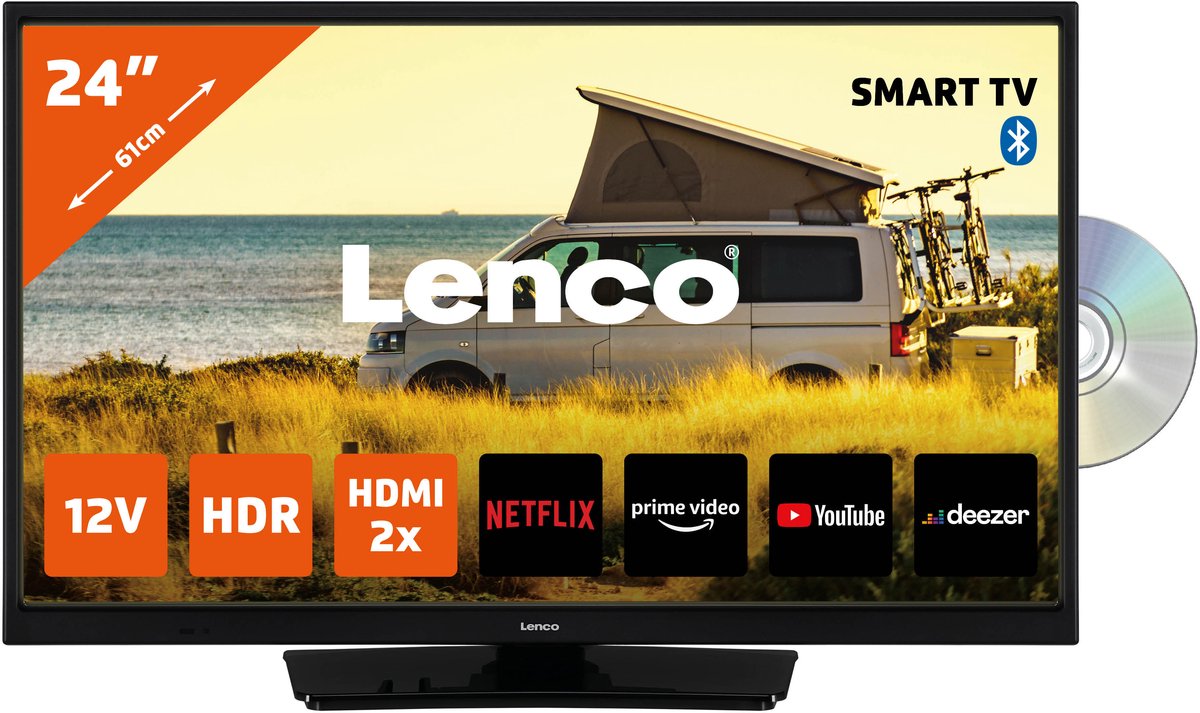 Lenco DVL-2483BK - 24" Smart TV met ingebouwde DVD speler en 12V Auto Adapter - Zwart