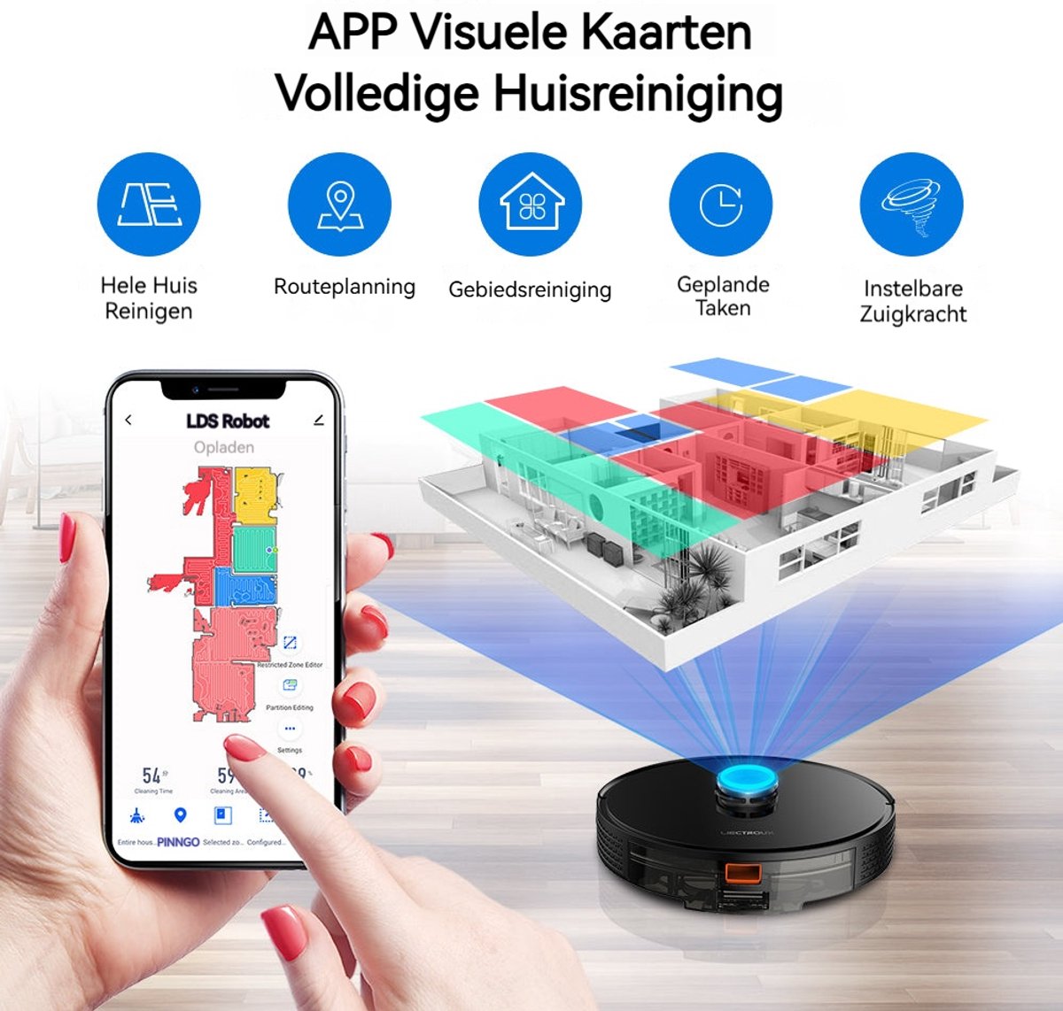 Afbeelding 2 van LIECTROUX X6 – Robotstofzuiger met Dweilfunctie – 6500Pa Sterke Zuigkracht – LDS LiDAR Navigatie & Uitgebreide Mapping – 2-in-1 Stof- en Waterreservoir – Virtuele Muren – Geschikt voor Tapijt & Dierenharen – App & Spraakbesturing