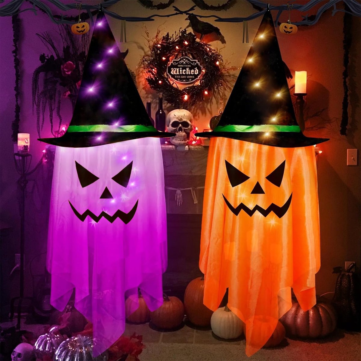 Azomor® Set van twee feestelijke Halloween hanglampen met heksenhoed en ledverlichting