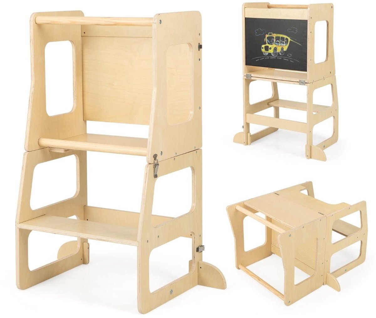 Image of 3-in-1 Opvouwbaar Kinderopstapje, Montessori Opstapje met Schoolbordtafel en Kruk, Veiligheidsrail, Natuurlijk