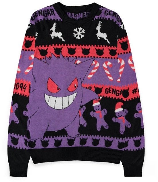 Zwarte Pokémon kersttrui met paarse accenten, Gengar-print, zuurstokken en peperkoekmannetjes.