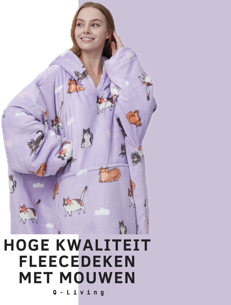 Q-Living Hoodie Deken - Plaid Met Mouwen - Hoodie - Snuggle Hoodie - Fleece Deken Met Mouwen - 1450 gram - Kat - Lila — cadeau in Wonen & Interieur - foto 4