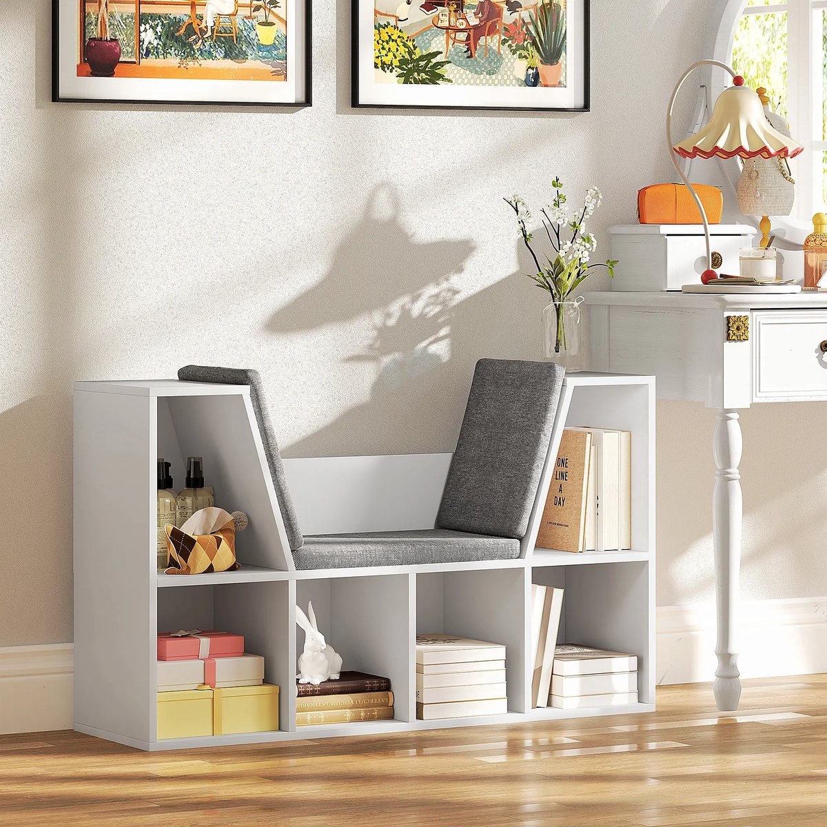 Pugsdrly Boekenrek met zitvlak, 6 vakken, gestoffeerd, 105 x 30 x 63 cm, wit