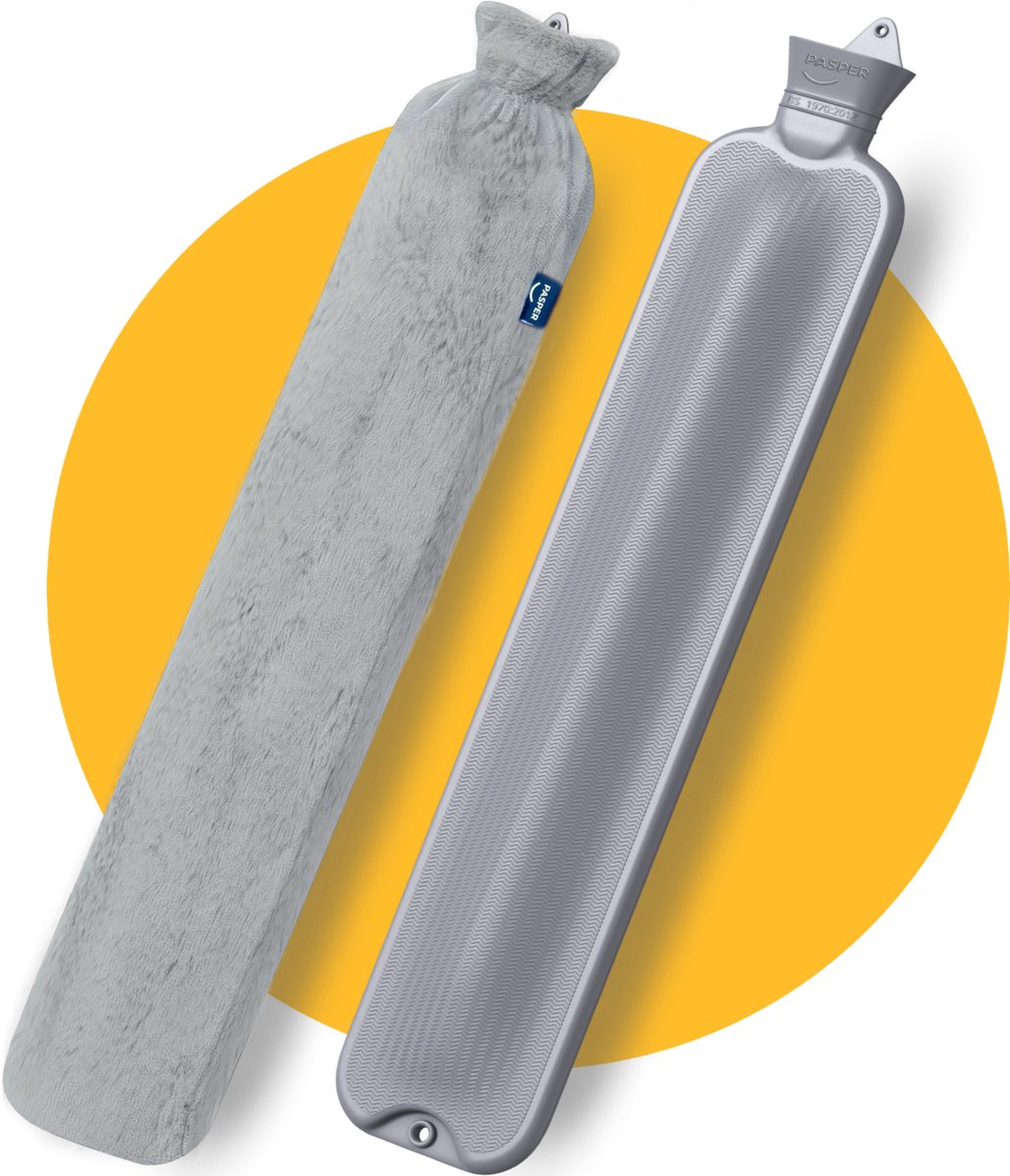 Pasper extra lange kruik 75 cm met hoes - 3.5 liter warmwaterkruik - naadloos ontwerp - grijs - 8 uur warmte - kruikzak
