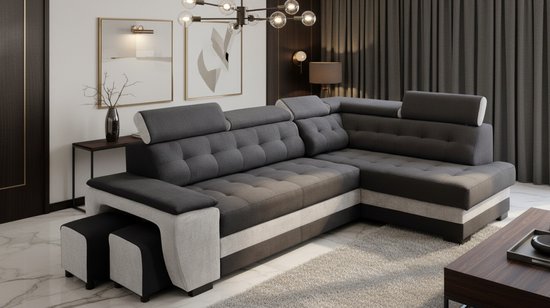 Canapé d'angle convertible 277 x 180 x 100 cm – Canapé-lit de Luxe en L avec rangement, 2 Poufs et têtes de lit réglables – Canapé-lit moderne et Comfort , coloris Argent/anthracite – Industrialhome