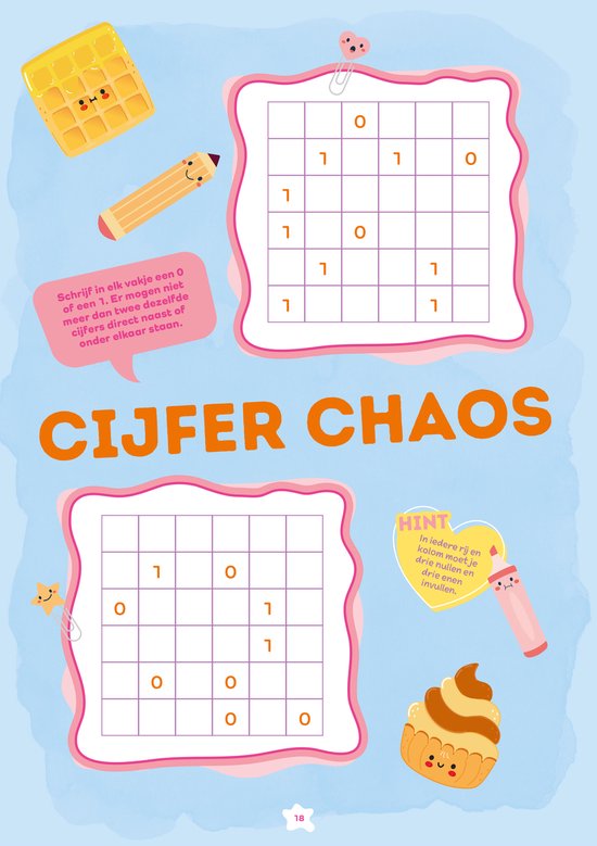 Page 'Chaos de chiffres' avec deux puzzles de sudoku et des gaufres et cupcakes joyeux.