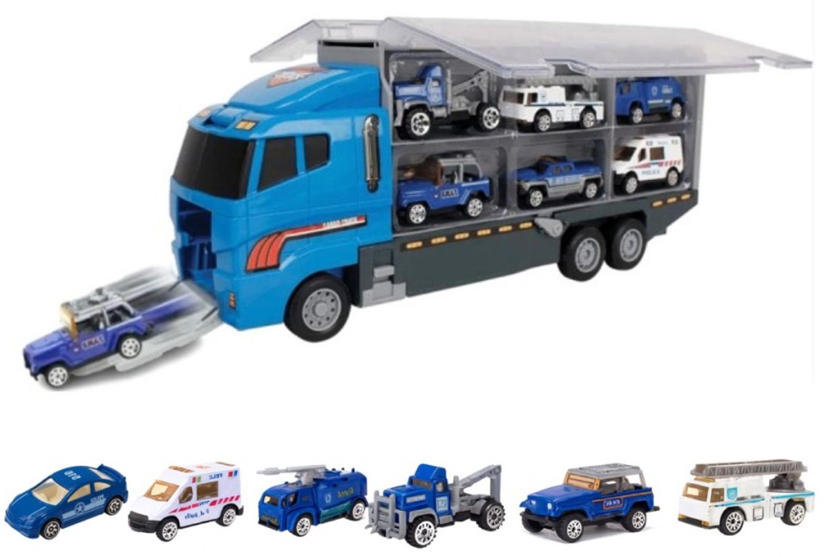 Goodz4All Politie Auto Speelgoed met 6 Mini Autootjes Voertuigen - Transportwagen Truck met 6 Miniatuur Auto’s Transportauto met o.a. Vrachtwagen Ambulance Ziekenwagen Takelwagen Wagen Trailer Autotransporter met Kleine Autootjes