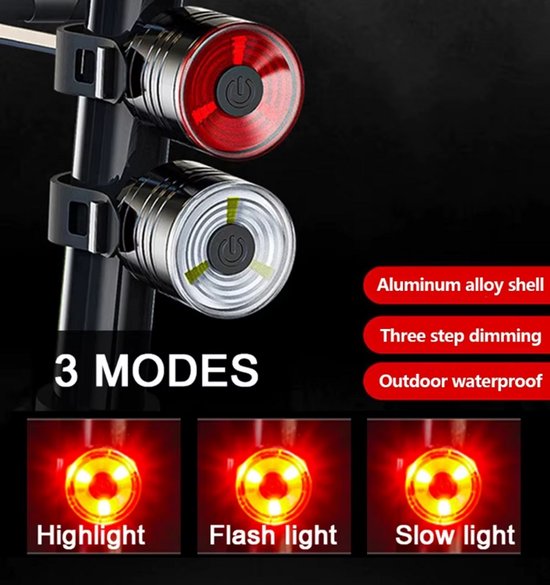 Rieba® Fietsverlichting - Verlichting Fiets - Fietslampjes - Voorlicht & Achterlicht - Fietslamp Set - Verlichtingsset LED - 3 Standen - Koplamp - Achterlamp - Inclusief Batterij - Wit - Rood van Rieba — afbeelding 2