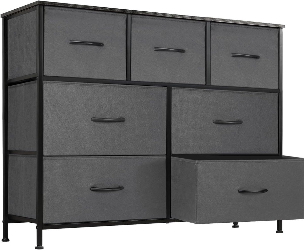 Commode / Brede Ladekast met 7 Stoffen Laden – 100 × 30 × 77 cm – TV-meubel & Opbergkast voor Slaapkamer en Woonkamer – Metalen Frame – Grijs, HMTM-SC-7D-GR