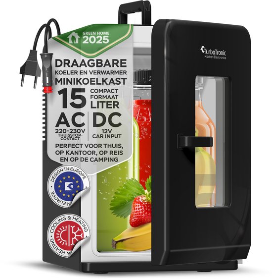 TurboTronic EC15 Mini Koelkast – 15L Koelen & Verwarmen – AC/DC 230V/12V – Zwarte Glazen Deur – Voor Auto, Kantoor, Camping & Thuis (Skincare, Medicijnen, Eten, Drinken