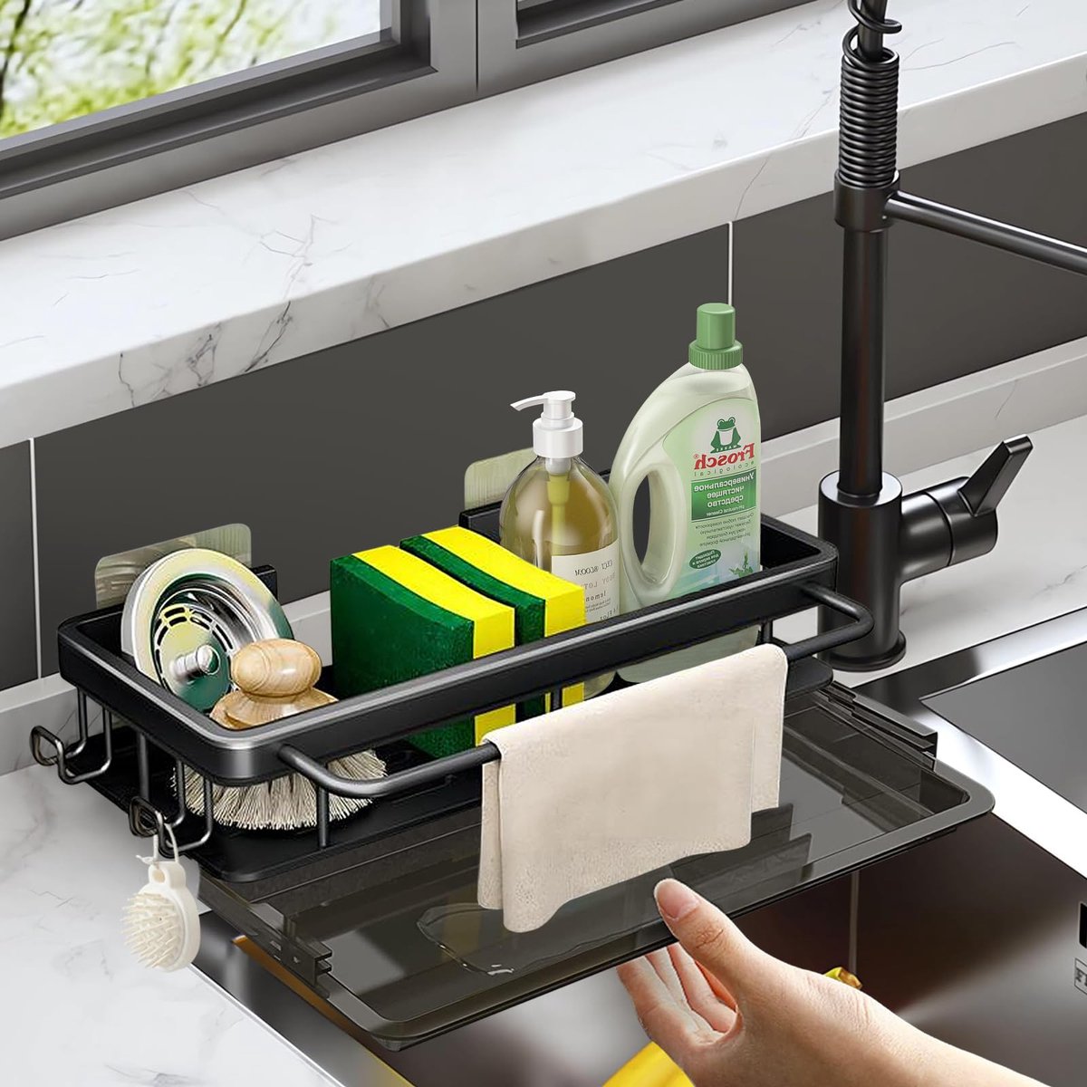 Ibenzoa® Smal en veelzijdige spoelbakorganizer voor keuken en badkamer met handdoekhouder